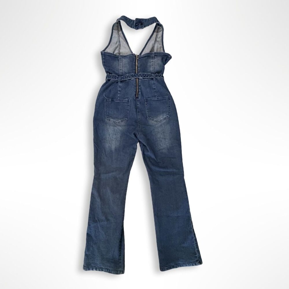 Y2K VENUS Denim Halter Bootcut Jumpsuit 10 L, Disco Hippie 2000s - Picture 3 of 11